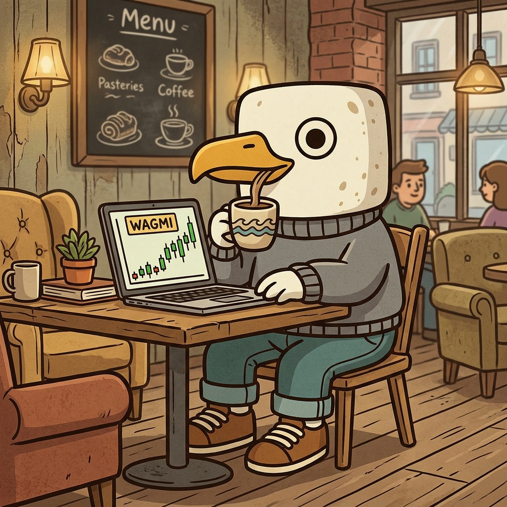 Chillgull sipping coffee in a cafe