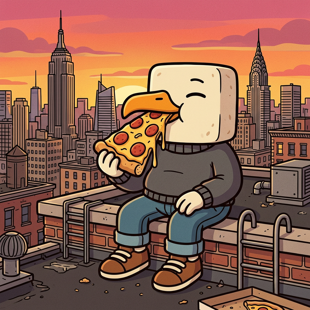 Chillgull eating pizza on a rooftop