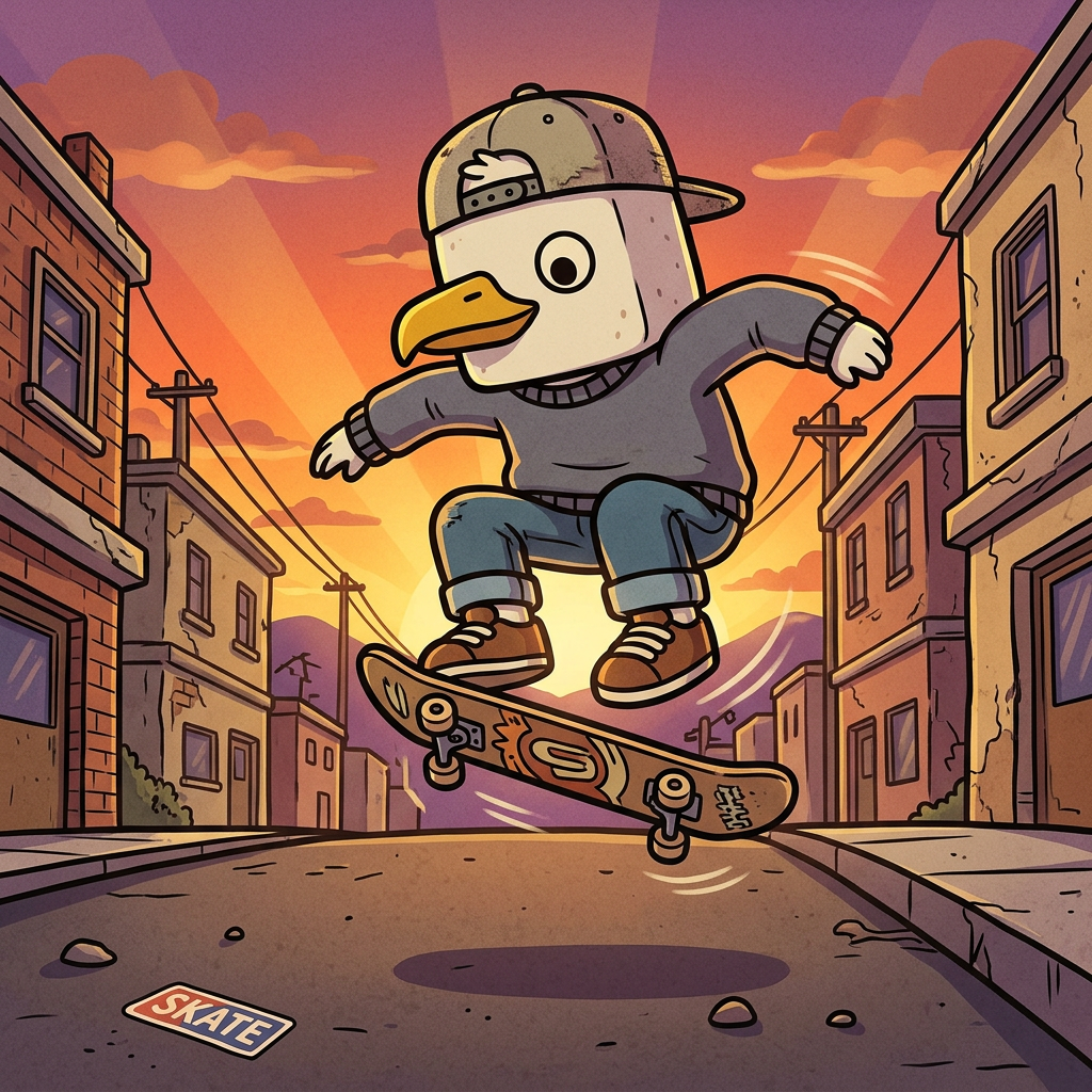 Chillgull doing a skateboard trick